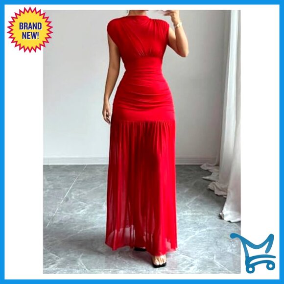 Mesh Bodycon Maxi Dress Mock Neck Cap Sleeve Elegant Cocktail Party Wear - Picture 5 of 5